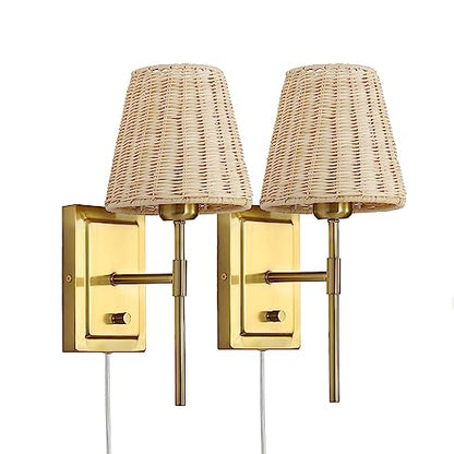 WINGBO Wall Sconce Rattan Wrapped Wall Lamp Set of 2, Wall Light Gold Light Fixture Vintage Bedside Light Wicker Handmade Shade Brass Reading Light Plug in or Hardwire Gold