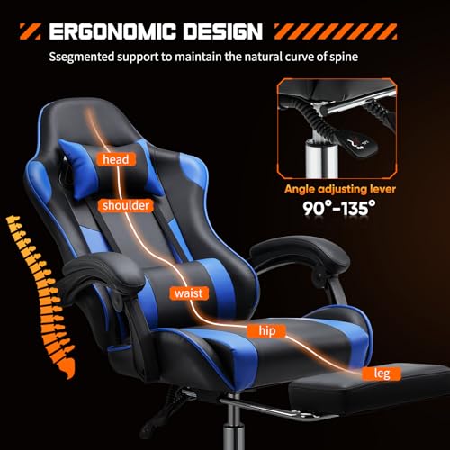 Sweetcrispy Gaming Chair with Footrest, Ergonomic Lumbar Support Desk Chair | High Back Ergonomic, PU Leather, Adjustable Headrest, Linkage Armrest, Height Adjustable, 360 Swivel, Blue - color: Pu Blue