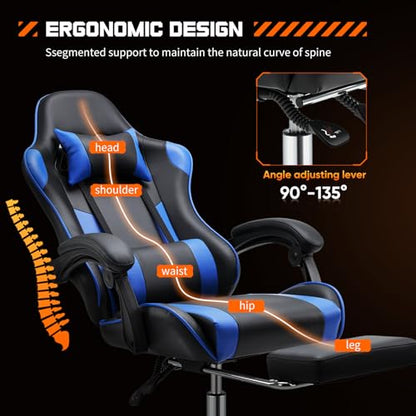 Sweetcrispy Gaming Chair with Footrest, Ergonomic Lumbar Support Desk Chair | High Back Ergonomic, PU Leather, Adjustable Headrest, Linkage Armrest, Height Adjustable, 360 Swivel, Blue - color: Pu Blue
