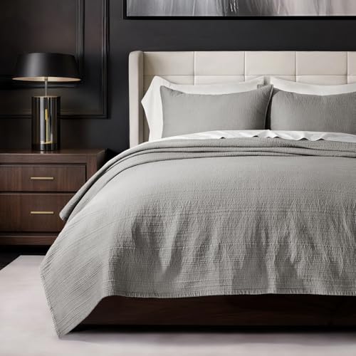 EVERGRACEHOME Cotton Sateen Channel Quilt Set, Queen Size, Fog Gray | 100% Cotton, Pre-Washed Soft Coverlet Bedspread, 3-Piece Refined Channel Stitch Bedding Set for All Season, 2 Pillow Shams - color: Fog Gray - Refined Channel, size: Full/Queen (96" X 9