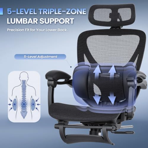 MALOL Ergonomic Mesh Office Chair with Footrest, Executive High Back Computer Desk Chair with 3D Adjustable Headrest & 5-Level Lumbar Support, Track Armrest, Tilt Lock, 300LBS, Black - color: Black
