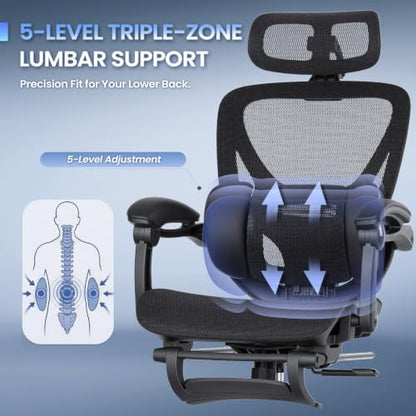 MALOL Ergonomic Mesh Office Chair with Footrest, Executive High Back Computer Desk Chair with 3D Adjustable Headrest & 5-Level Lumbar Support, Track Armrest, Tilt Lock, 300LBS, Black - color: Black