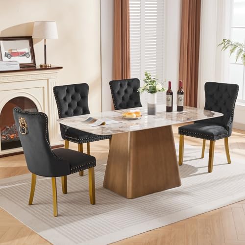 KEIKI Upholstered Mid-Century Velvet Dining Chair, Tufted Accent Seat | with Golden Solid Wood Legs for Dining Room Kitchen Room, Black - color: Black