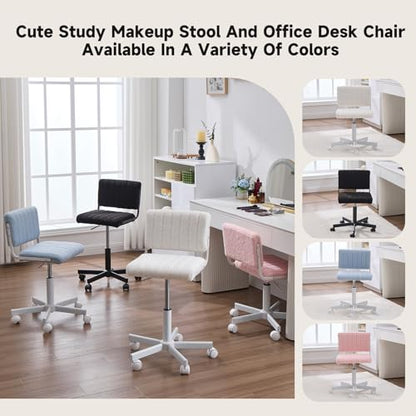 Office Chair Vanity Chair with Wheels | Comfy Desk Chair with Back | Cute Teddy Armless Adjustable Swivel Chair | Small Vanity Stool | for Bedroom Home Computer Task | Pink - color: Pink