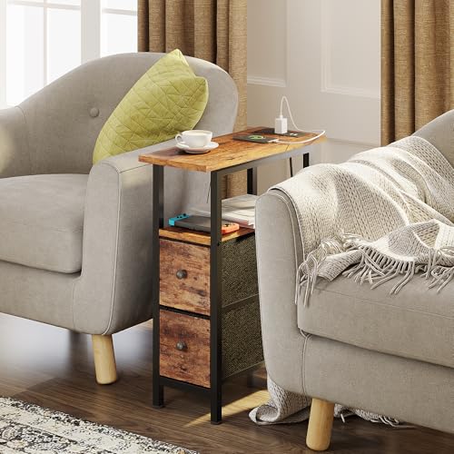 TRIFEBLE End Table with Charging Station, Narrow Side Table with 2 Fabric Drawers, Skinny Nightstand with LED Light, Slim Bedside Table for Bedroom, Living Room, Small Spaces, Rustic Brown