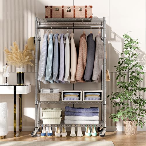 M MZG Heavy Duty Rolling Garment Rack 3 Tiers Adjustable Wire Shelving Clothes Rack with Rods and Side Hooks,Storage Closet Clothing Rack with Wheels Chrome 15.7" D x 29.5" W x 74.5" H - color: Chrome, size: 3 Tier with 1 rod, 15.7"D x 29.5"W x 74.5"H