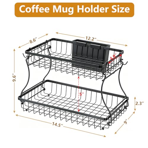 Coffee Mug Holder, Metal Cup Holder Rack with 2 Tier Storage Base, Coffee Mug Holder for Countertop Kitchen Storage Tea Kcup with 4 Hooks - color: 2-Tier (Wire Basket)