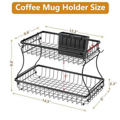 Coffee Mug Holder, Metal Cup Holder Rack with 2 Tier Storage Base, Coffee Mug Holder for Countertop Kitchen Storage Tea Kcup with 4 Hooks - color: 2-Tier (Wire Basket)