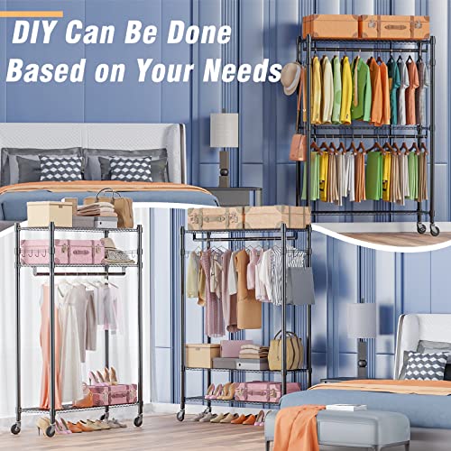 Homdox Rolling Garment Rack with Double Rod, Heavy Duty Clothing Rack with Shelves, Portable Clothes Rack, Free Standing Wardrobe Rack, with Lockable Wheels & Hanging Hooks, Max Load 450 LBS, Black - color: Black, size: 17.72"D x 47.24"W x 80.71"H