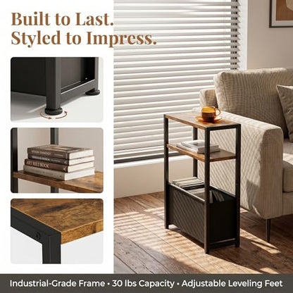 Leomonio Narrow Side Table, Slim End Tables with Fabric Basket, Skinny Table for Small Spaces, Thin Bedside Table for Living Room, Bedroom - color: Rustic Brown