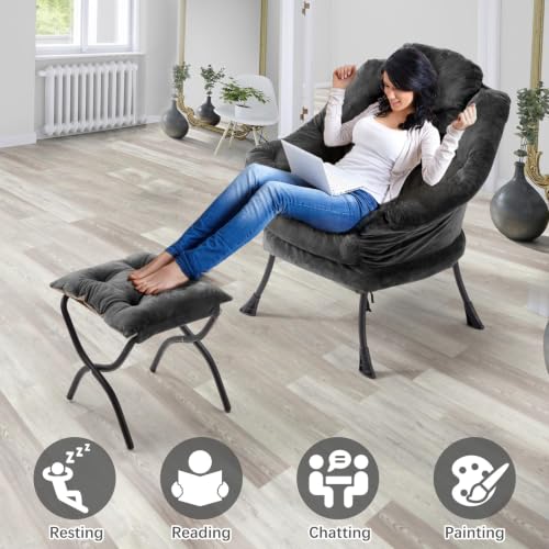 Lazy Chair with Folding Ottoman,Leisure Sofa Chair,Soft Fabric Armchair with Armrests and Side Pockets, Reading Chair with Footrest for Living Room, Bedroom, Office (Plush Dark Grey) - color: Plush Dark Grey