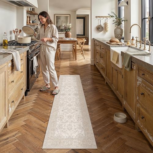 2x6 Beige Neutral Runner Rug | Washable, Non Slip, Low Pile, Soft, Vintage, Floral, Distressed Farmhouse, for Hallway Entryway Kitchen Bathroom Laundry Room - color: Beige, size: 2' x 6' (Runner)