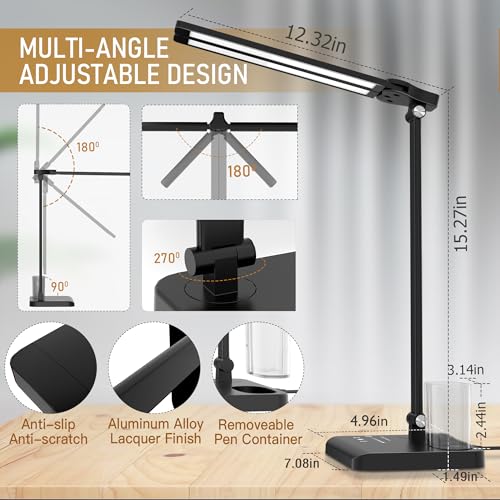Dimmable LED Desk Lamp with USB Charging Port Bright 50 Lighting Modes | Dual Swing Arm Architect Table Lamp Light for Home Office Dorm Piano Nail