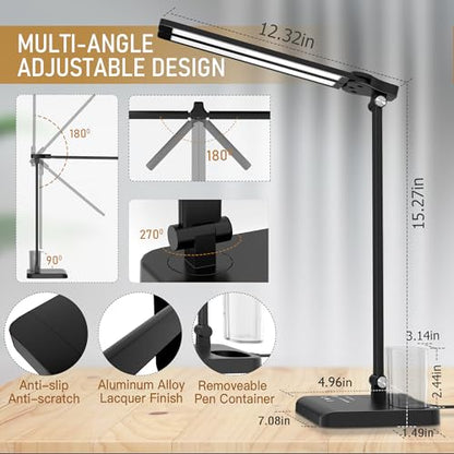 Dimmable LED Desk Lamp with USB Charging Port Bright 50 Lighting Modes | Dual Swing Arm Architect Table Lamp Light for Home Office Dorm Piano Nail