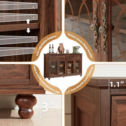 Joaxswe Farmhouse Sideboard Buffet Cabinet with Storage,59" Large Credenza with 4 Glass Doors & 2 Drawers,Adjustable Shelves Console Table,Wood Kitchen Coffee Bar for Dining Room,Living Room,Brown