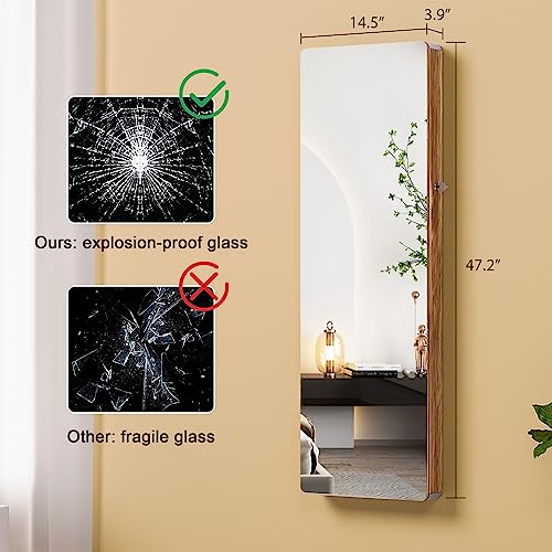 HNEBC Over the Door Jewelry Organizer with LED Lights, 47.2" Full Length Mirror with Storage, Wall Mounted Jewelry Armoire, Hanging Mirror with 2 Drawers,Lokable,3 Shelves(Wood) - color: B-Brown