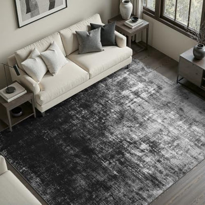 DCX Washable Abstract Area Rug 5x7, Non Slip Low Pile Rug, Black | Easy to clean, non-shedding, soft, kid & pet friendly, with a non-slip rubber backing for living rooms, bedrooms, and offices - color: Black, size: 5' x 7' (Rectangular)
