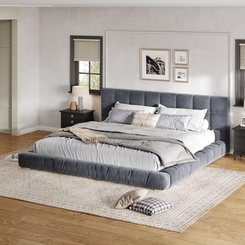 Upholstered Velvet Platform Bed Frame with Channel Tufted Headboard, Modern Low Profile Bed with Sturdy Slat Support, No Box Spring Needed (Gray) - color: Grey