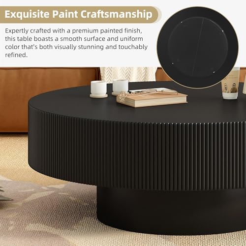 31.5" Round Wood Coffee Table with 6.8 Thick Top, Mid Century Modern Fluted Circle Circular Center Table for Living Room, Apartment, Small Space Home Office, Dark Black - color: Dark Black, size: 31.5"D x 31.5"W x 13.78"H