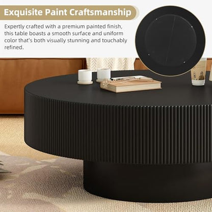 31.5" Round Wood Coffee Table with 6.8 Thick Top, Mid Century Modern Fluted Circle Circular Center Table for Living Room, Apartment, Small Space Home Office, Dark Black - color: Dark Black, size: 31.5"D x 31.5"W x 13.78"H