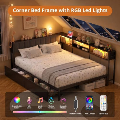 VOWNER Full Corner Bed Frame with Storage and RGB LED Lights, Grey | Upholstered Full Bed Frame with 2 Drawers and Charging Station for Kids Teens, Metal Platform Daybed for Bedroom & Guest Room