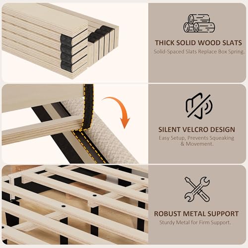 King Size Bed Frame with Upholstered Headboard, Wood Platform Bed with Soft Linen Adjustable Headboard | Elegant Studded Design | Wooden Slats | No Box Spring Needed, King Bed Frame Beige - color: Beige, size: King (U.S. Standard)