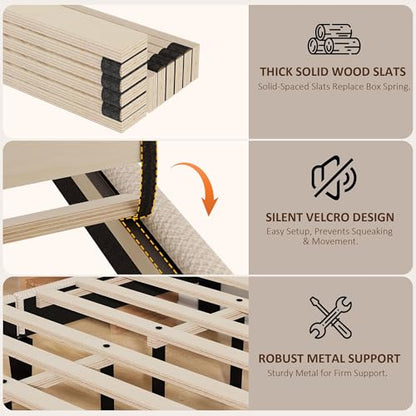 King Size Bed Frame with Upholstered Headboard, Wood Platform Bed with Soft Linen Adjustable Headboard | Elegant Studded Design | Wooden Slats | No Box Spring Needed, King Bed Frame Beige - color: Beige, size: King (U.S. Standard)
