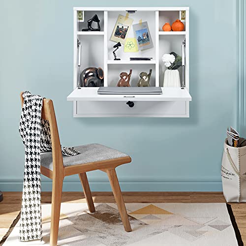 Tangkula Wall Mounted Desk, Pneumatic Floating Laptop Desk with Magnetic Foldable Tabletop, Space Saving Wall Mounted Table Wall Desk with Storage Drawer and Shelves (White) - color: White