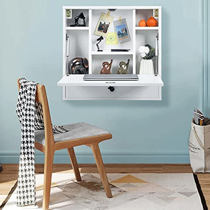 Tangkula Wall Mounted Desk, Pneumatic Floating Laptop Desk with Magnetic Foldable Tabletop, Space Saving Wall Mounted Table Wall Desk with Storage Drawer and Shelves (White) - color: White