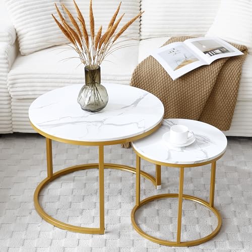 Nesting Side Tables, Coffee Table Set of 2 with Sturdy Metal Frame, Modern Industrial Simple Nightstand for Living Room Bedroom Apartment (White+Gray) - color: White+gray