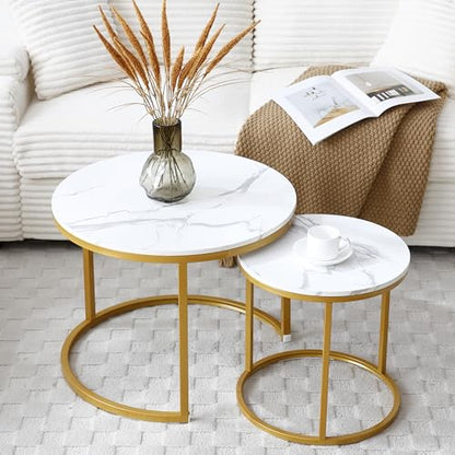 Nesting Side Tables, Coffee Table Set of 2 with Sturdy Metal Frame, Modern Industrial Simple Nightstand for Living Room Bedroom Apartment (White+Gray) - color: White+gray
