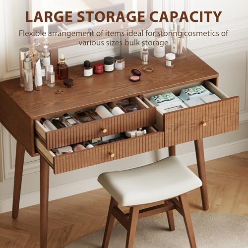 Wood Makeup Vanity,Makeup Vanity Desk with Lights,3 Color Modes & Adjustable Brightness,midcentury Modern Vanity,Walnut - size: Wood Vanity with Mirror Light