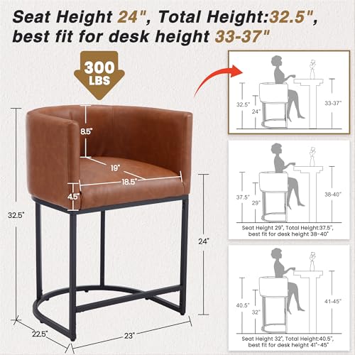 HNY Modern Barrel Counter Height Clearance Bar Stools Set of 2, 24 Inch Kitchen Bar Stools with Back, PU Leather Barstools Bar Height for Island with Black Metal Tubular Frame, Brown - color: 24inch ,Brown,black Base
