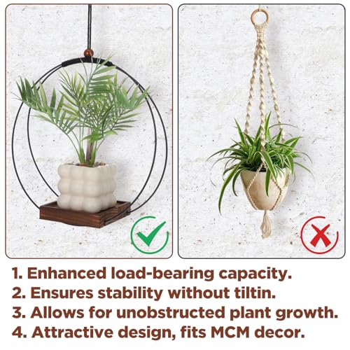 2 Pack Hanging Planters,12 Inch Metal Plant Hanger Flower Pot Holder | for Indoor Outdoor Plants, Sturdy Wood Base, Modern Boho, Minimalist, Basket, Wall Ceiling Window Stands, Home Wall Decor