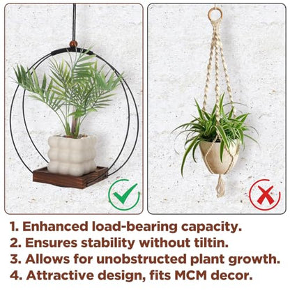 2 Pack Hanging Planters,12 Inch Metal Plant Hanger Flower Pot Holder | for Indoor Outdoor Plants, Sturdy Wood Base, Modern Boho, Minimalist, Basket, Wall Ceiling Window Stands, Home Wall Decor