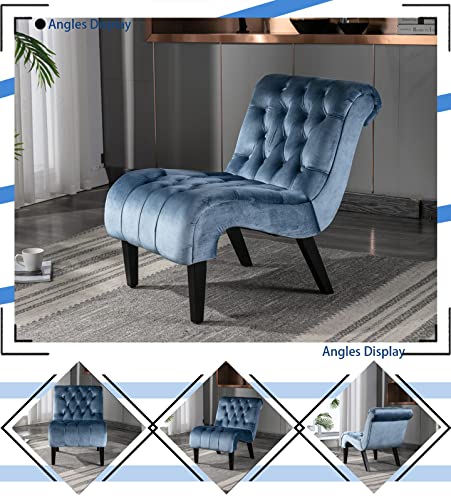 Comfy Velvet Accent Chair, Tufted Armless Side Chair with Rolled Edge | Modern Small Lounger for Living Room, Upholstered Reading Chaise Lounge with Solid Rubber Wood Legs, Blue - color: Blue, size: Set of 1