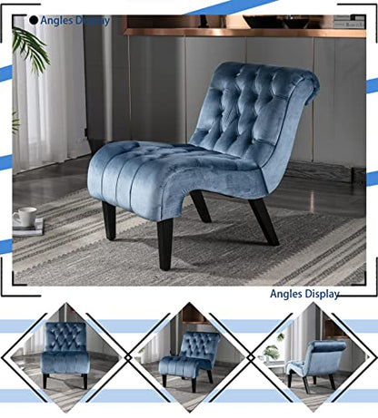 Comfy Velvet Accent Chair, Tufted Armless Side Chair with Rolled Edge | Modern Small Lounger for Living Room, Upholstered Reading Chaise Lounge with Solid Rubber Wood Legs, Blue - color: Blue, size: Set of 1
