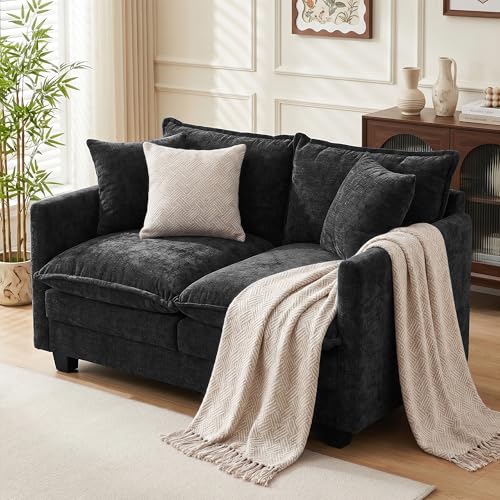 Loveseat Sofa Couch 2 Piece Set, Small Compact 50" Love Seat 27" Deep Cloud Sofa Set Washable Chenille Pillow Living Room Set for Apartment Office 50-Black-2+2 - color: Black, size: 50"+50"