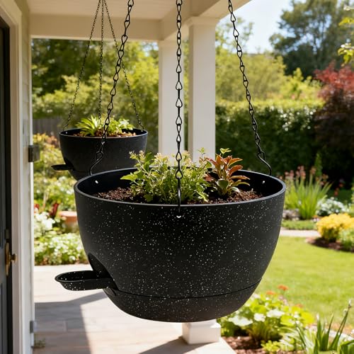 WOUSIWER Self Watering Hanging Planters, 2 Pack 10'' Plastic Pots with Drainage Holes & Reservoir Tray (Speckled Black) | Indoor & Outdoor Use for Ferns, Ivy, Herbs, Succulents - color: Black Speckled, size: 2 Pack 10 inches