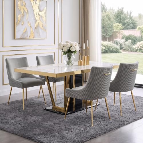 WUTUTUEE Velvet Dining Chairs Set of 4 Gold Legs,Upholstered Velvet Accent Chairs, Pleated Back Design & Gold Pull Handle, Mid Century Modern Chairs for Dining/Kitchen/Living Room,Light Grey - color: Light Grey, size: Set of 4