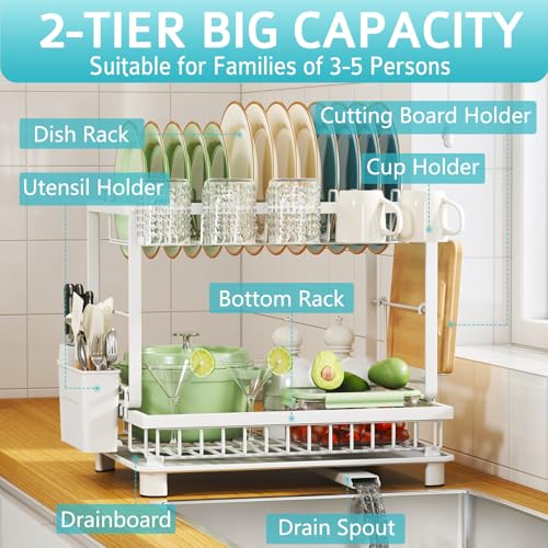 Multifunctional Dish Drying Rack - Rustproof, 2-Tier Dish Racks with Drainboard, Space-Saving Design, Utensil & Cup Holder for Kitchen Counter, White - color: White