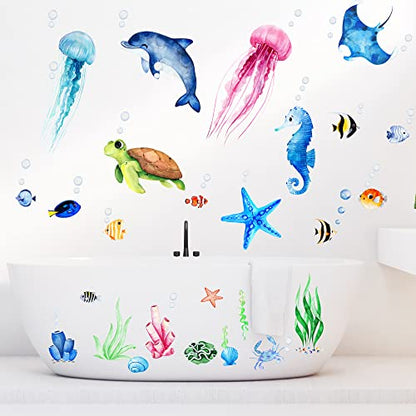 4 Sheets Ocean Fish Wall Decals Stickers Sea Wall Decal Stickers Removable Sea Life Marine Animal Sticker Underwater Ocean Creatures Decor for Kids Girls Boy Nursery Bedroom Bathroom | Vivid Sea Life and Marine Animal Sticker,Removable,Underwater Ocean Cr