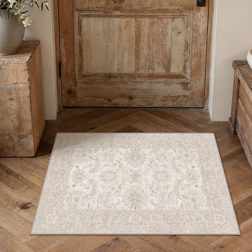 2x3 Beige Neutral Small Area Rug | Washable, Non Slip, Low Pile, Soft, Vintage, Distressed, Floral, Farmhouse, for Entryway Kitchen Bathroom Laundry Room - color: Beige, size: 2' x 3' (Rectangular)