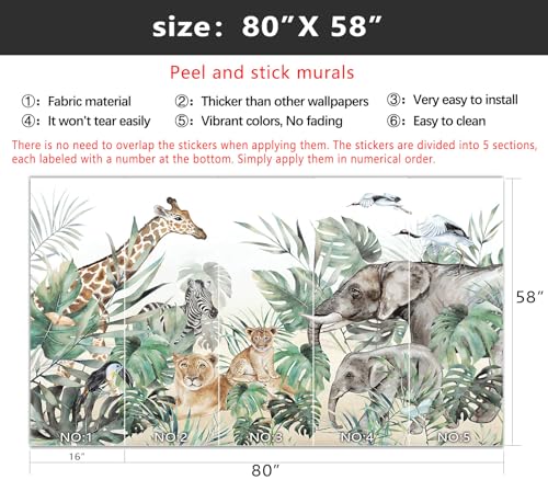 YIHWM-Peel and Stick Animal Wallpaper Tropical Rainforest Zoo Theme Mural | Tear-resistant,with a substantial feel;Will not be damaged during repositioning.Boy's Room,kids room wallpaper.S-80"x58" - color: Yh13, size: 80"x58"