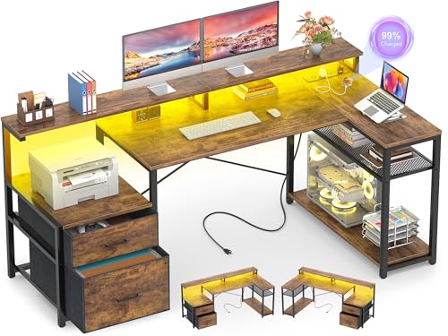 Aheaplus L Shaped Desk with File Drawer, Reversible L Shaped Computer Desk Gaming Desk with Power Outlet & LED Strip, Home Office Desk Corner Desk with Monitor Shelf, Storage Shelves, Rustic Brown - color: Rustic Brown1