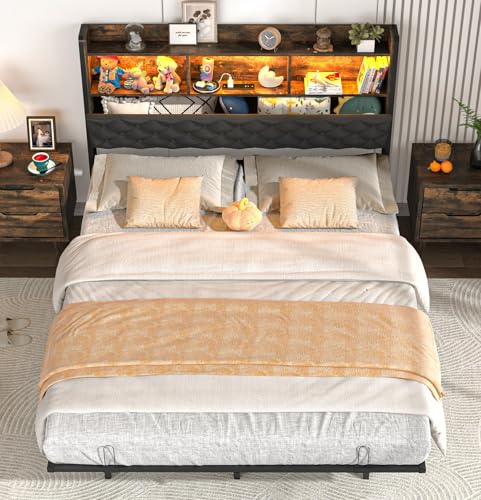 Squireewo Queen Size Bed Frame with Storage Bookcase Headboard - Metal Platform Bed, LED Light and Charging Station, No Box Spring Needed, Heavy Duty Steel Slats for Bedroom, Dorm, Rustic Brown - color: Rustic Brown, size: Queen