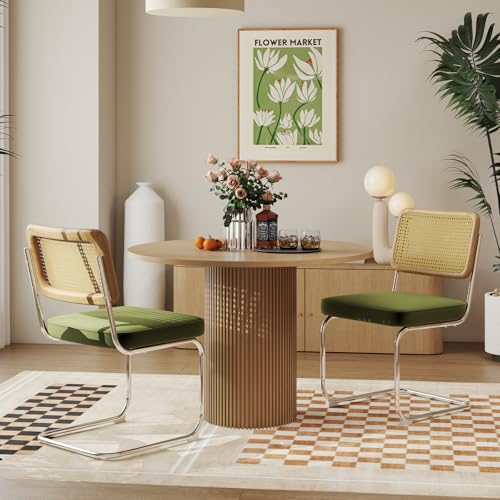Rattan Dining Chairs Set of 2,Velvet Cesca Chair Kitchen Chair,Olive Green | VICBARLEY Mid Century Modern Dining Chairs,Wood Cane Backrest&Chrome Base,Upholstered Side Chair for Dining Room,Kitchen - color: Olive Green, size: Set of 2