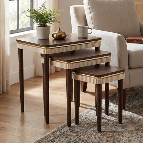 Hyfirm Walnut Side Table End Table Nesting Tables Set of 3, Retro Nesting Tables with Veneered Top & Gold Trim, Mid Century Modern Nesting Wood Coffee Tables for Living Room/Bedroom/Apartment - color: Walnut Top+ivory Apron