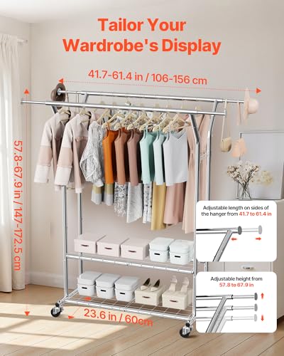 VEVOR Clothes Rack, Rolling Clothing Garment Rack, Extendable Carbon Steel Clothing Racks with Wheels for Bedroom, Laundry, Living Room - style: Modern