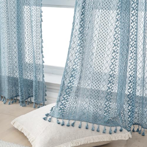 WAZZIO Boho Lace Curtains 63 Inches 2 Panel,Light Filtering Privacy Tassel & Geometry Crochet Semi Sheer Curtain Drapes for Bedroom Living Dining Room,Rod Pocket & Tassel,Light Slate Blue - color: Light Slate Blue, size: 59"W x 63"L (Pack of 2)